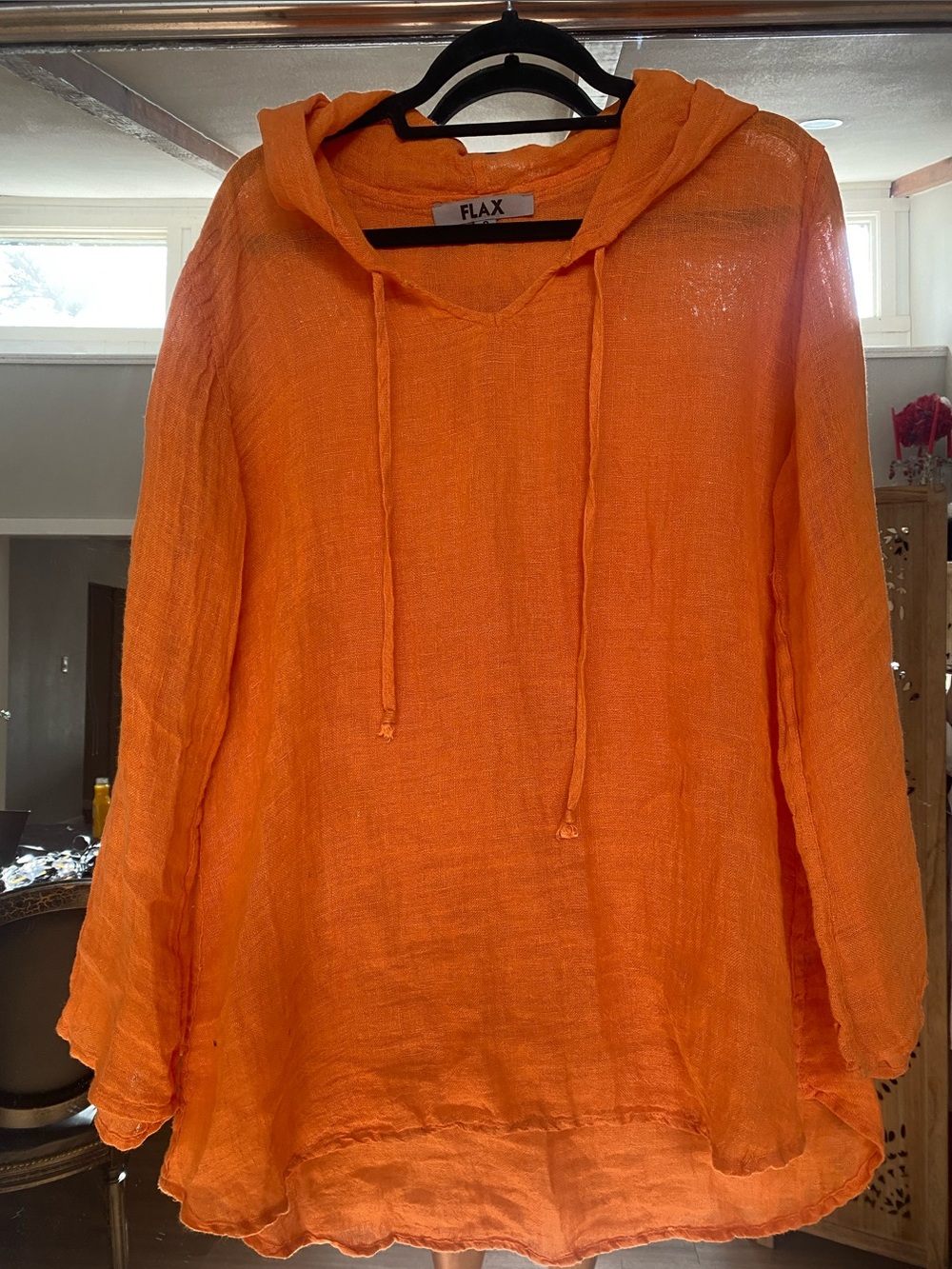 Flax Bright Orange Linen Hooded Pullover Tunic